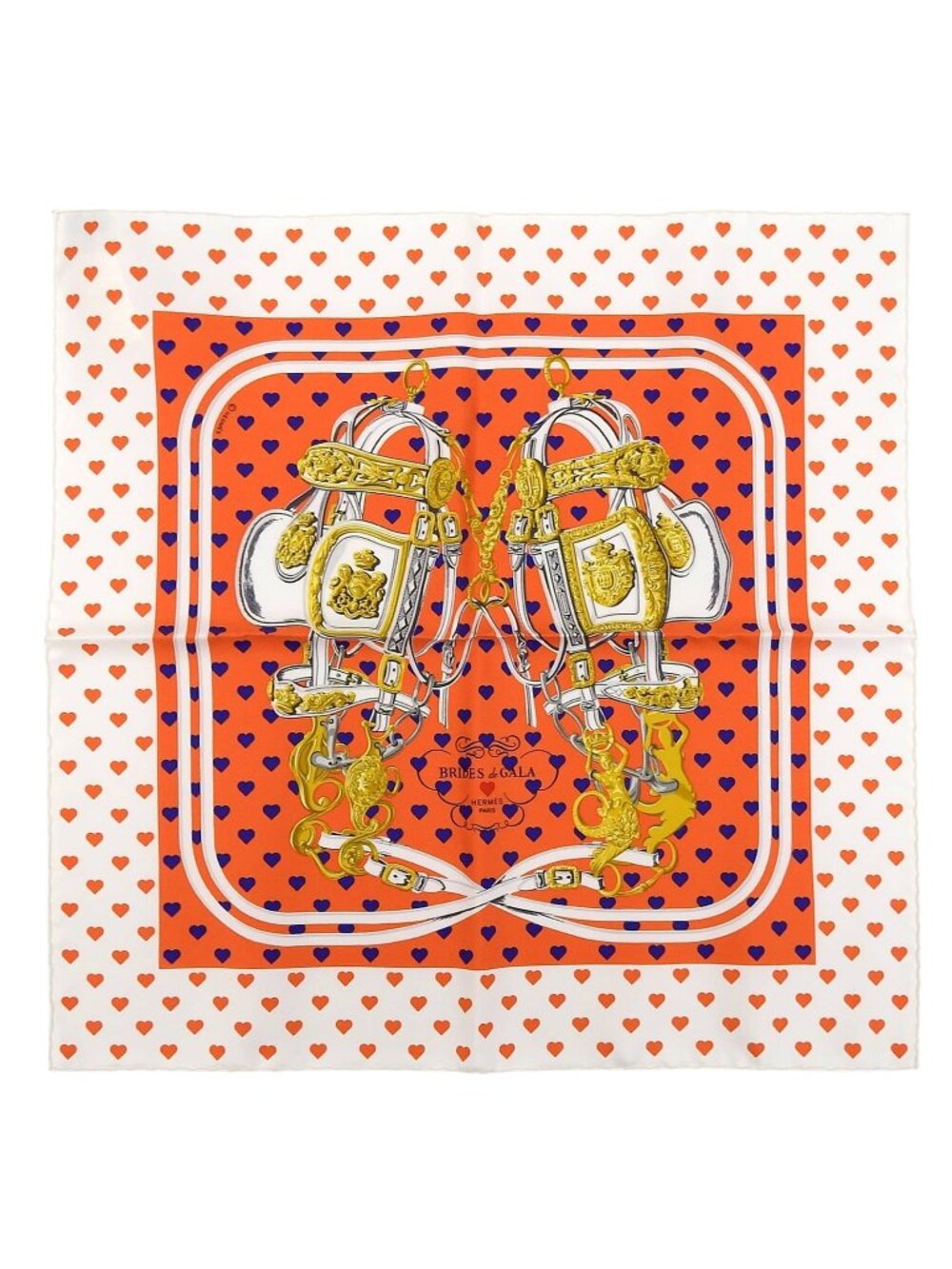 Hermes Carre 45 Brides de Gala Love Ceremonial Bridle Silk 100% Heart Pattern